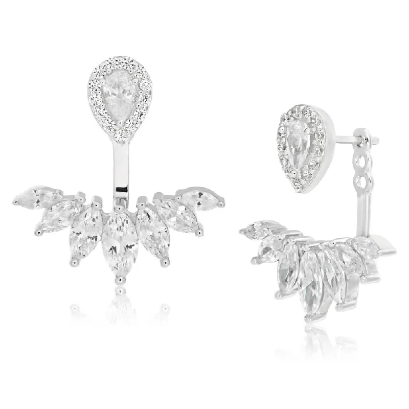 elegant earrings for women -Sterling Silver Rhodium Plated Cubic Zirconia Marquise Cut Ear Jacket Stud Earrings