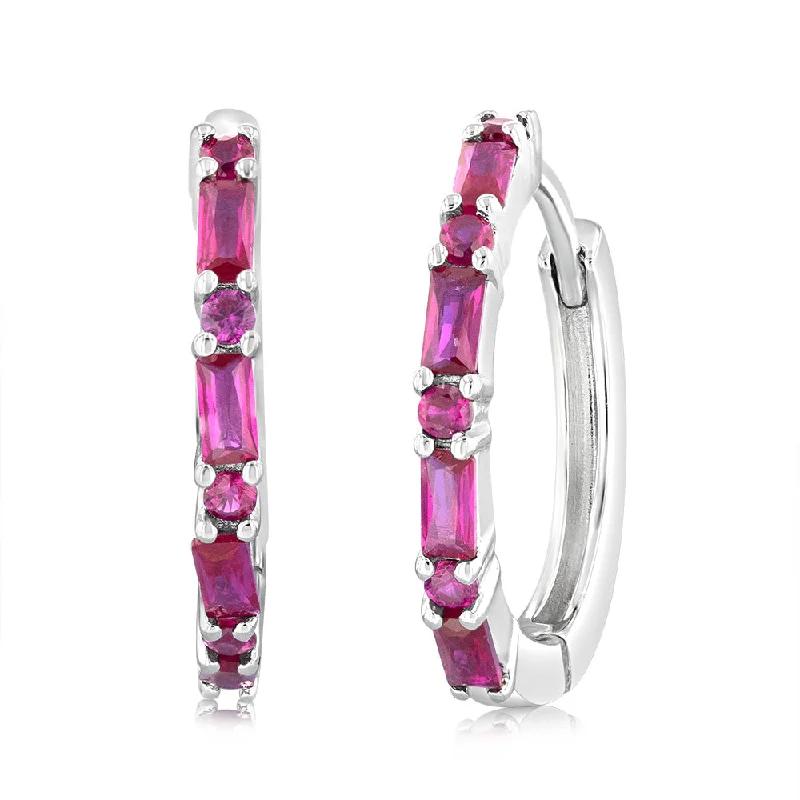 zodiac earrings for women -Sterling Silver Created Ruby Hoop Earrings