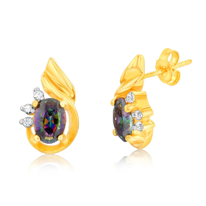 oval earrings for women -Sterling Silver Gold Plated Mystic Topaz & Zirconia Wing Shaped Stud Earrings