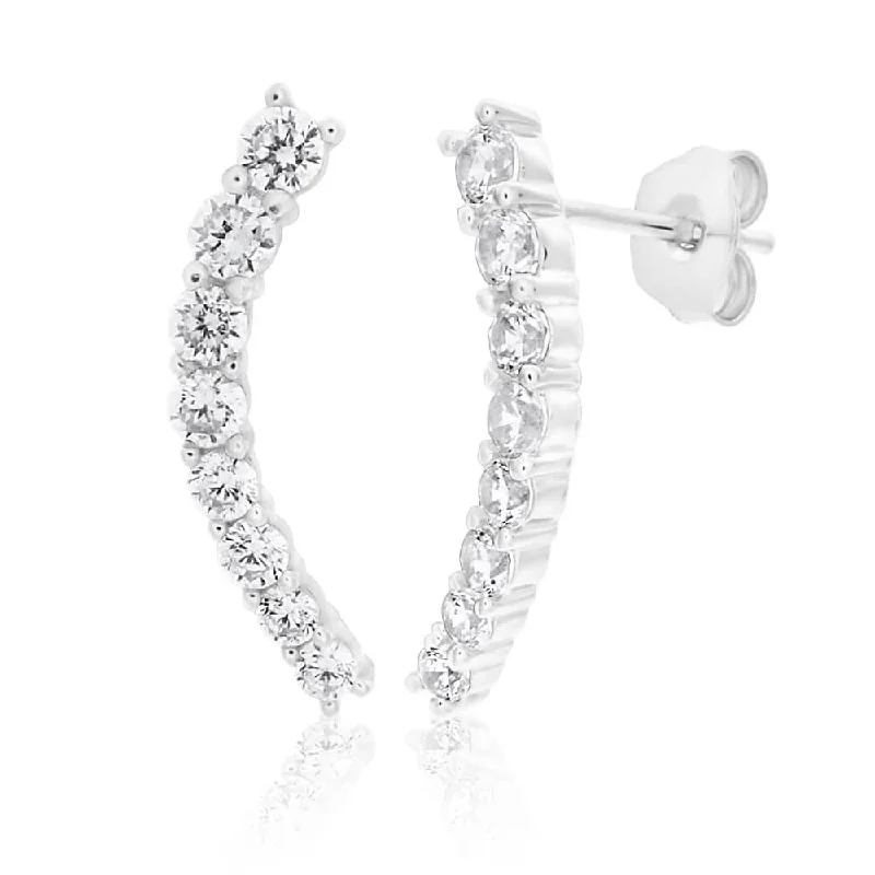 twisted earrings for women -Sterling Silver Cubic Zirconia Mini Curve Climber Stud Earrings