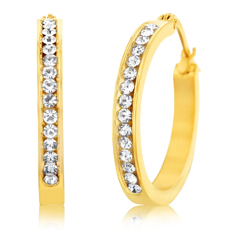 gold earrings for women -Stainless Steel 25mm Half Circle Yellow Gold Plated Crystal Hoop Earrings