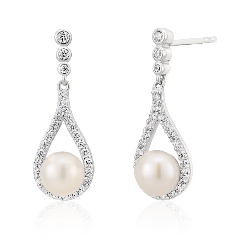 flower earrings for women -Sterling Silver Rhodium Plated Freshwater Pearl and Zirconia Teardrop Earrings