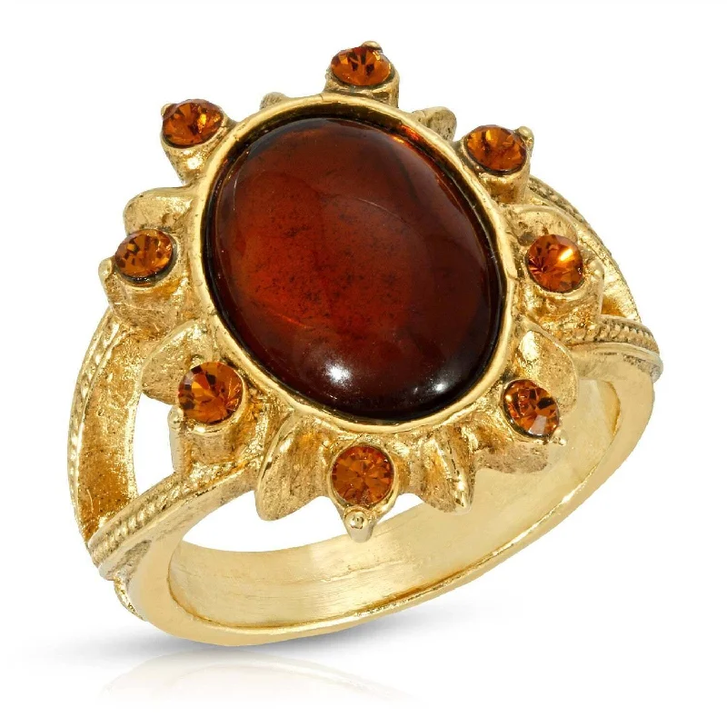 fashion rings for women -1928 Jewelry Sunburst Oval Smoke Topaz Glass Stone Crystal Ring