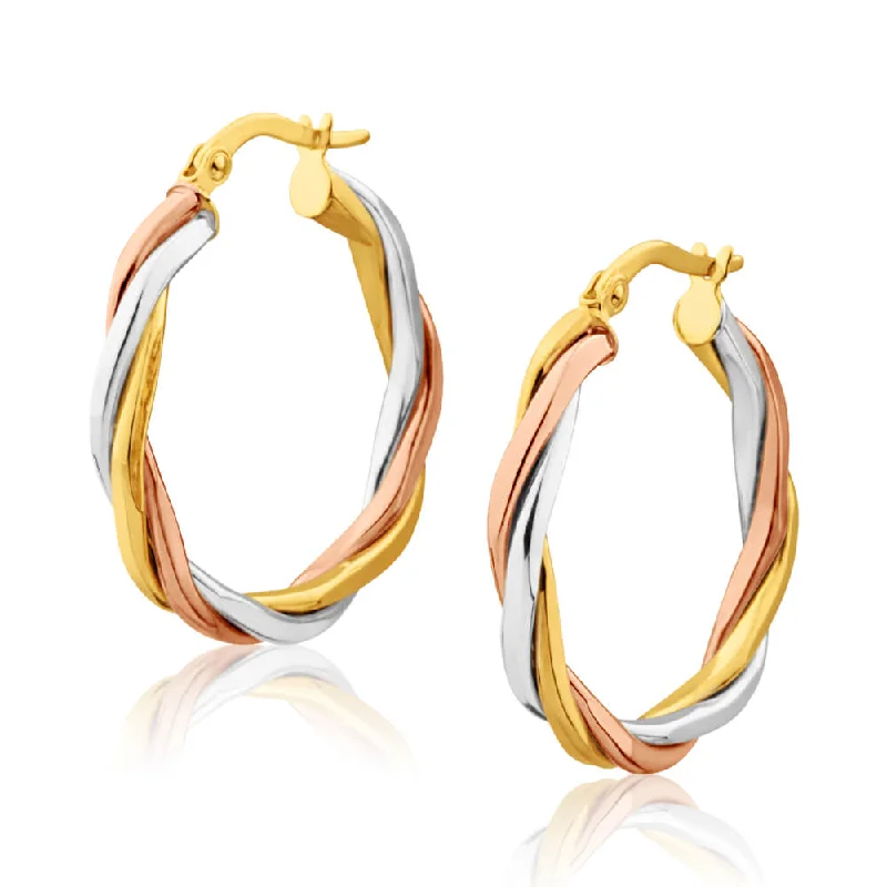 tassel earrings for women -9ct Yellow Gold, White Gold & Rose Gold Twist 20mm Hoop Earrings