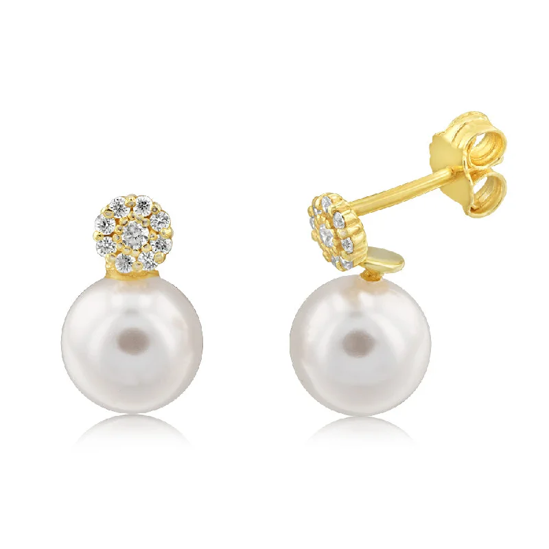 round earrings for women -Sterling Silver Gold Plated Pearl And Cubic Zirconia Stud Earrings