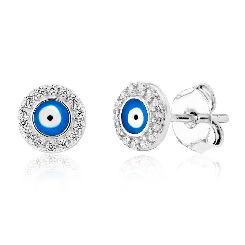 vintage earrings for women -Sterling Silver Cubic Zirconia Evil Eye In Circle Stud Earrings