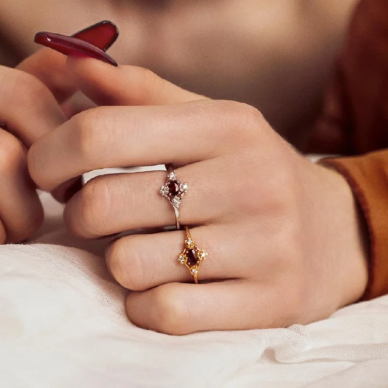 bridal rings for women -MARTHA. Ornate Garnet Floral Ring - Silver