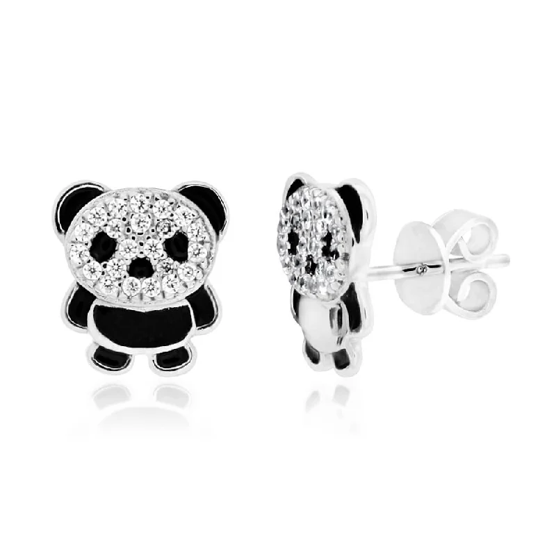 oval earrings for women -Sterling Silver Cubic Zirconia Fancy Panda Stud Earrings