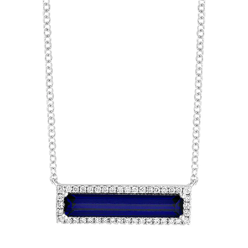 personalized name necklaces for women -14K white gold bar Necklace featuring an elongated baguette Chatham lab grown sapphire and Chatham lab grown diamond accents.