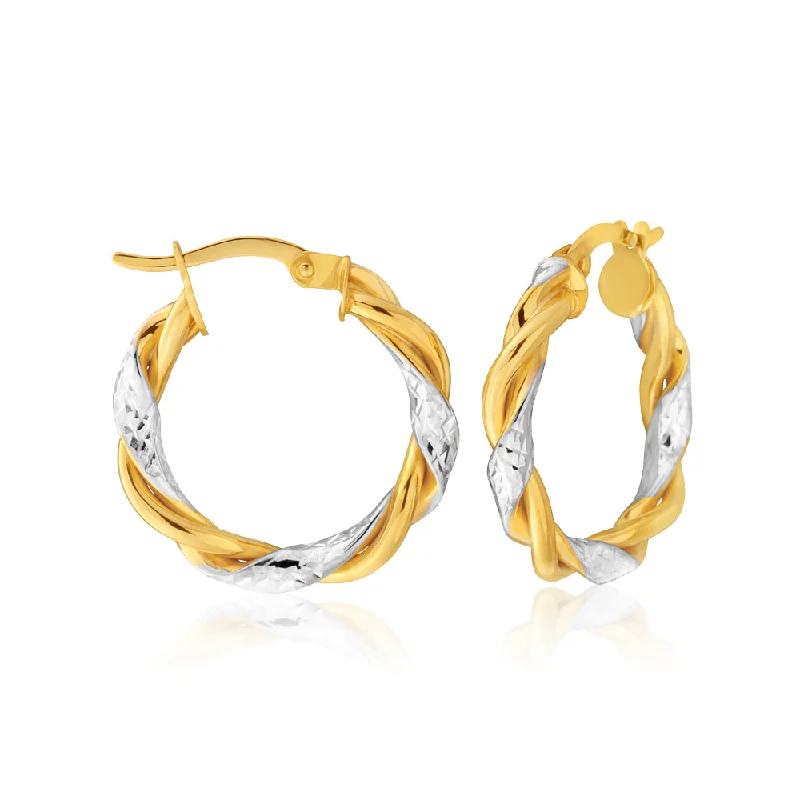 custom-designed earrings for women -9ct Yellow Gold-Filled Twist Two Tone Hoop Earrings with Diamond Cutting Feature