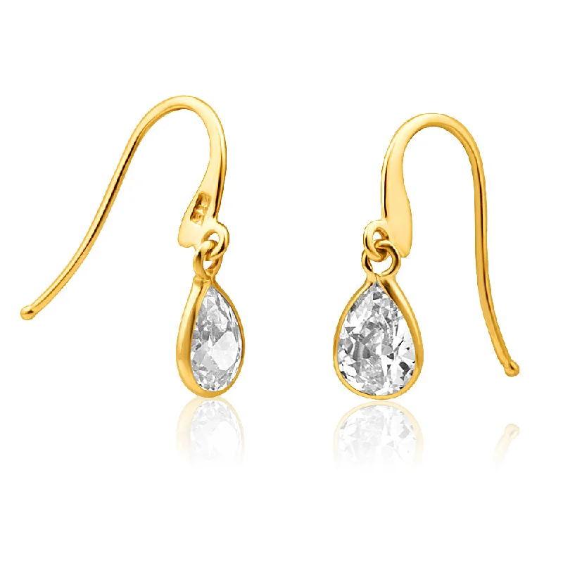 silver-plated earrings for women -9ct Yellow Gold Zirconia Pear Drop Earrings