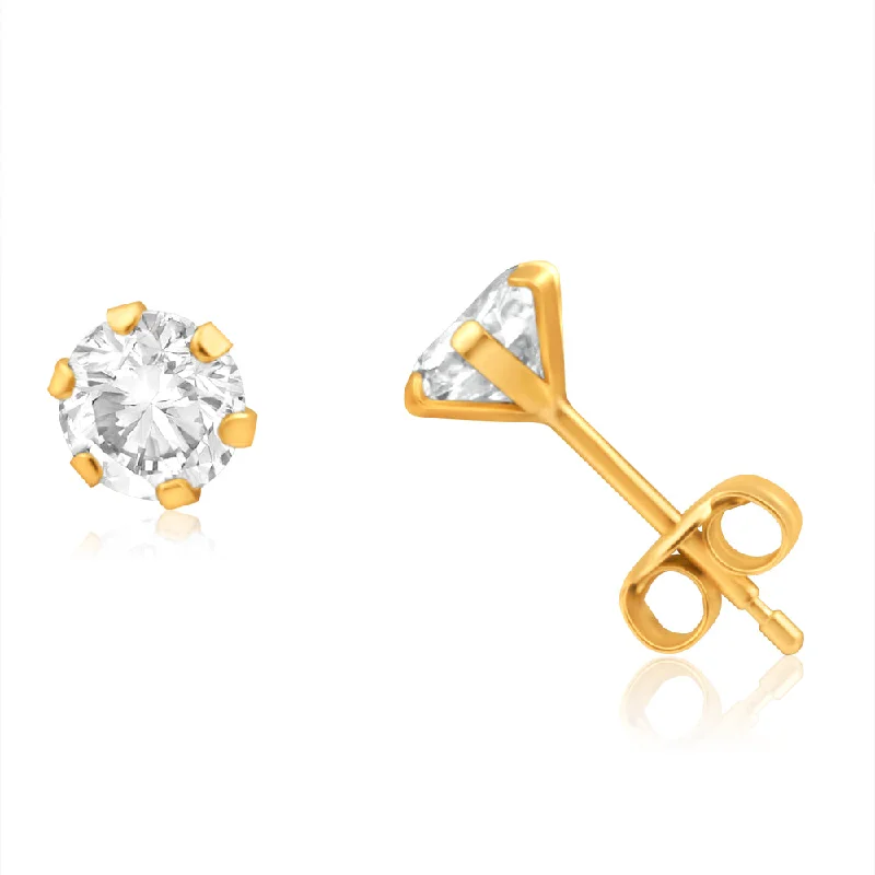 geometric earrings for women -9ct Yellow Gold Cubic Zirconia 5mm 6 Claw Stud Earrings