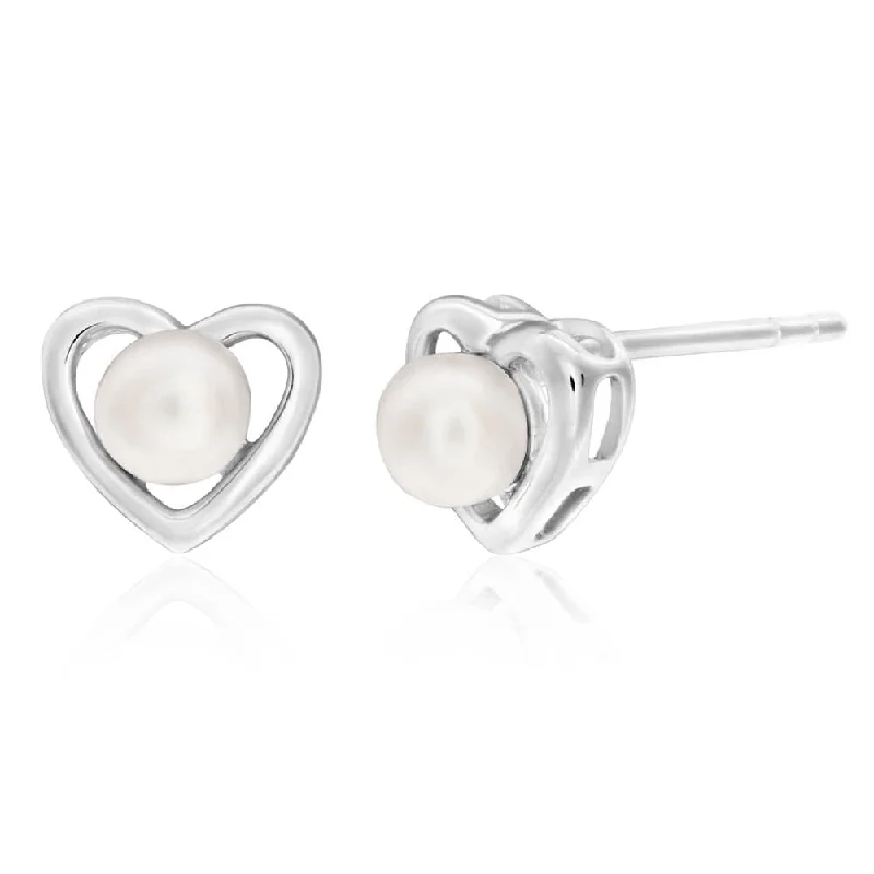 sapphire earrings for women -Sterling Silver White Freshwater Pearl Heart Stud Earrings