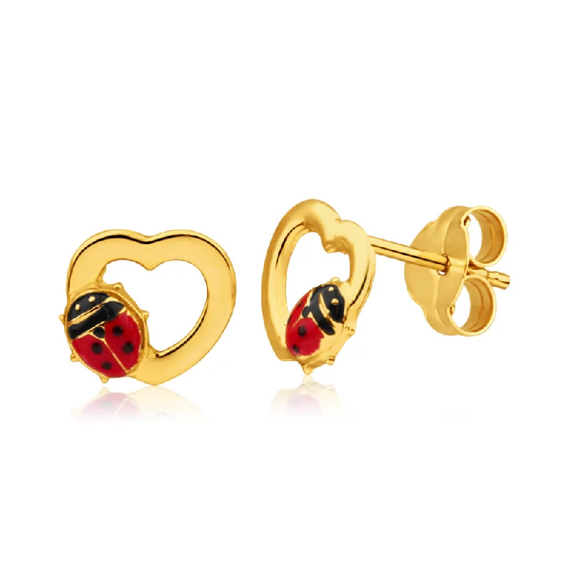 clip-on earrings for women -9ct Yellow Gold Ladybird Heart Stud Earrings