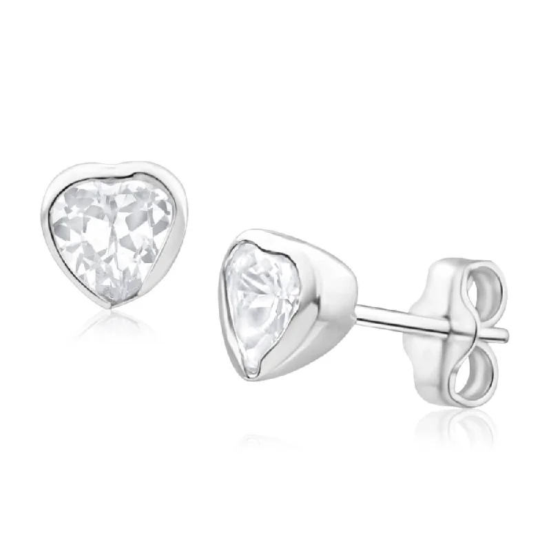 gold earrings for women -Sterling Silver Cubic Zirconia Heart Bezel Stud Earrings