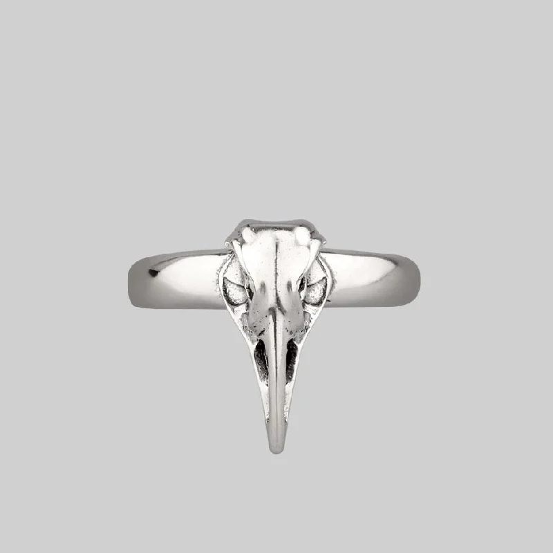 unique rings for women -MERLA. Silver Raven Skull Ring