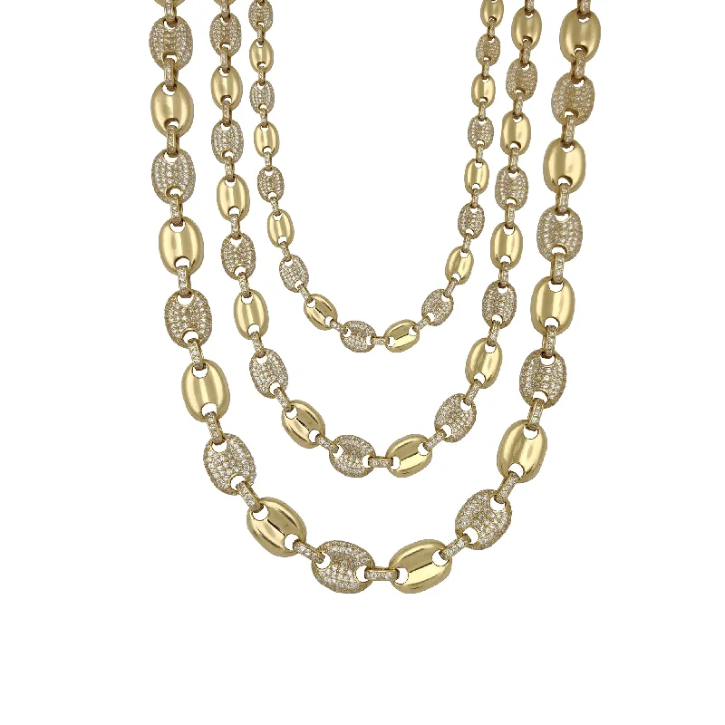 handcrafted silver necklaces for women -Alternating Iced-Out Puffy Mariner Link Chain (14K)