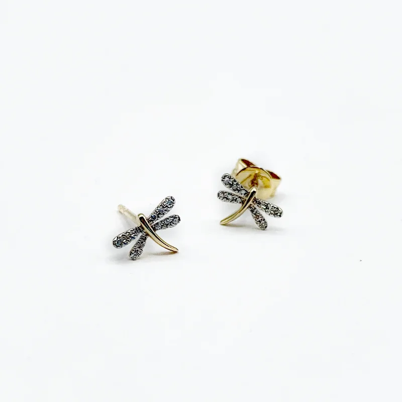 beaded earrings for women -Teeny Gold and Diamond Dragonflies