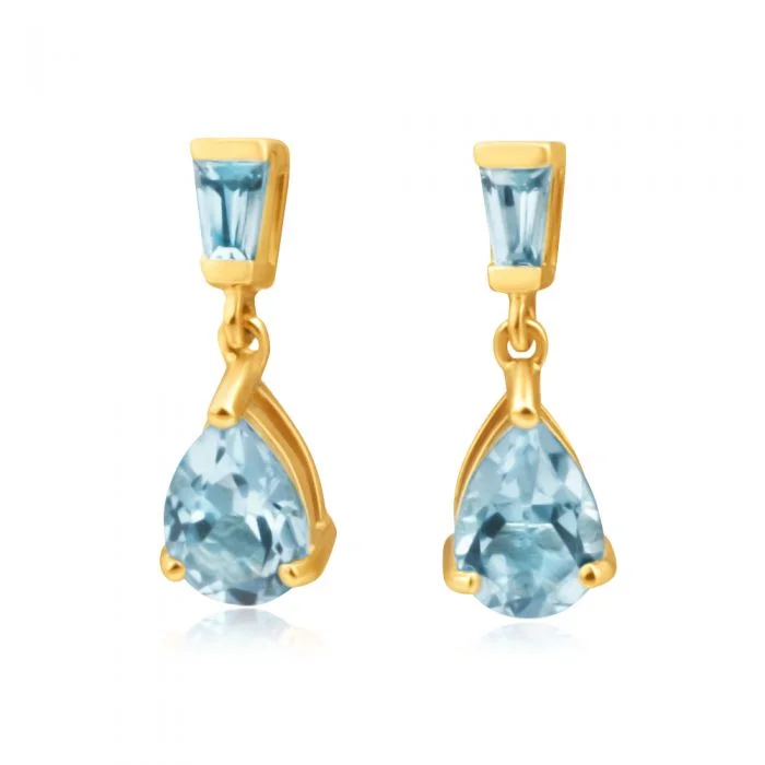 statement gemstone earrings for women -9ct Yellow Gold Blue Topaz Drop Earrings