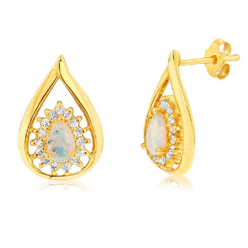 sparkly earrings for women -Sterling Silver Gold Plated Created Opal Cubic Zirconia Pear Shaped Drop Earrings