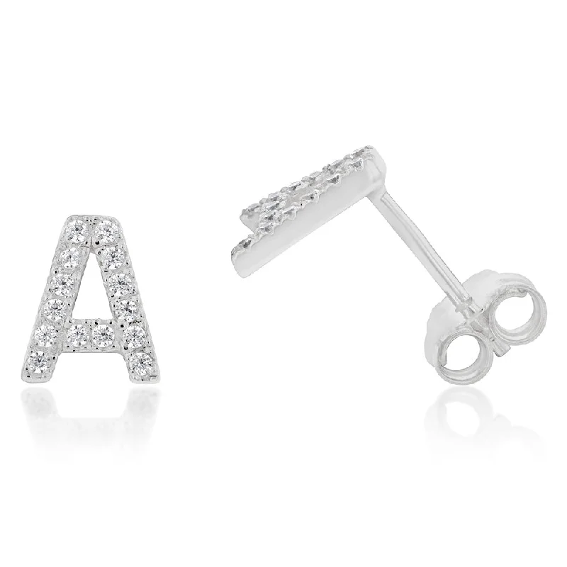 clip-on earrings for women -Sterling Silver Cubic Zirconia Initial "A" Stud Earrings