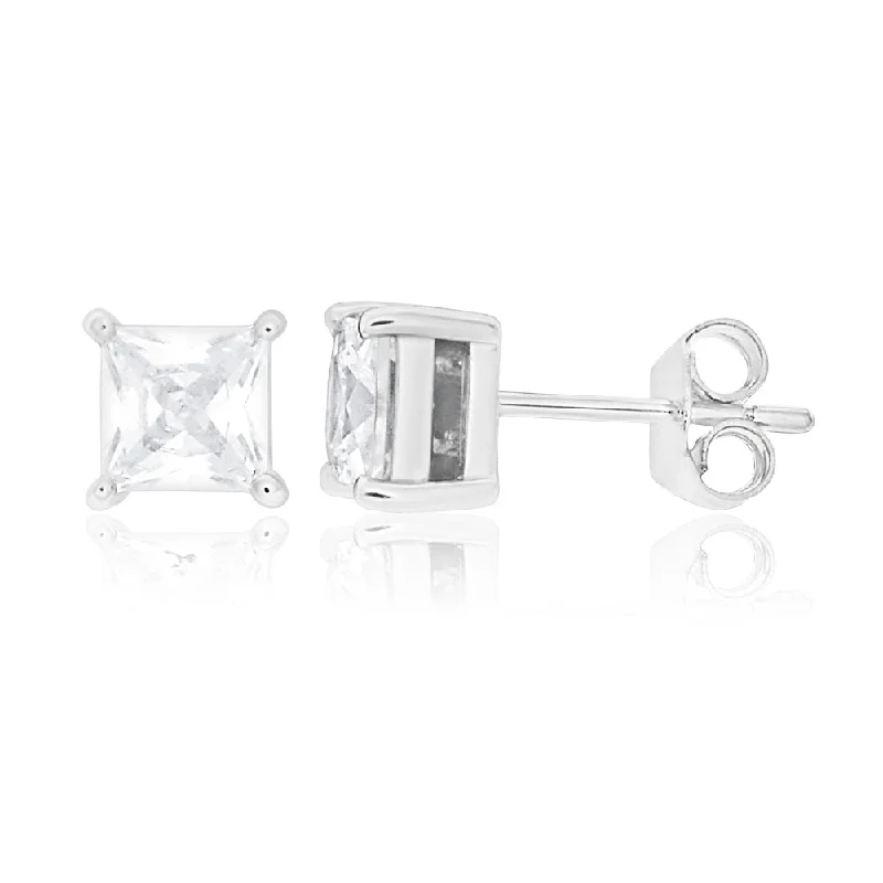 custom-designed earrings for women -Sterling Silver Cubic Zirconia Princess Cut 5mm Stud Earrings