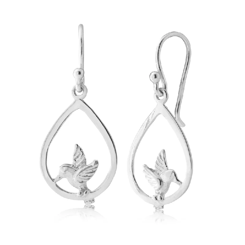 luxury gemstone earrings for women -Sterling Silver Hummingbird Drop Earrings