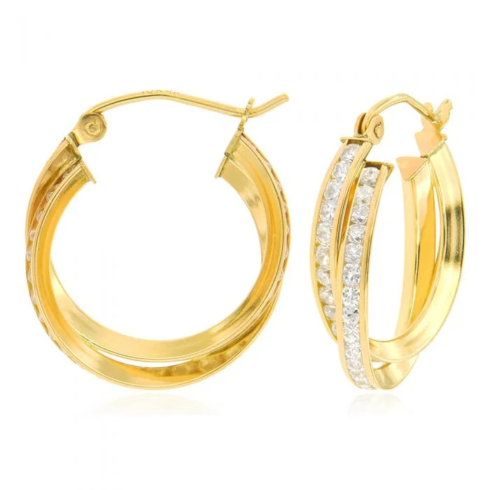 gemstone earrings for women -9ct Yellow Gold Silverfilled Double Twisted Hoop Zirconia Earrings