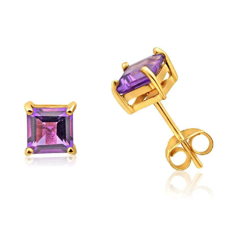 simple earrings for women -9ct Yellow Gold Amethyst Princess Cut 5mm Stud Earrings