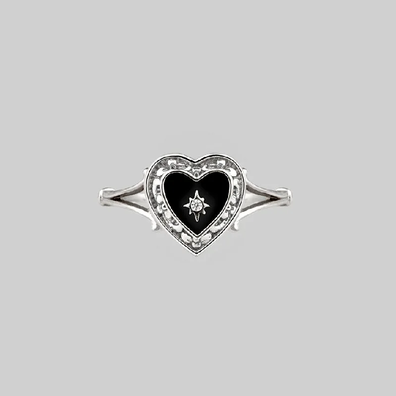 birthstone rings for women -SOLEMN. Black Enamel Heart Ring - Silver