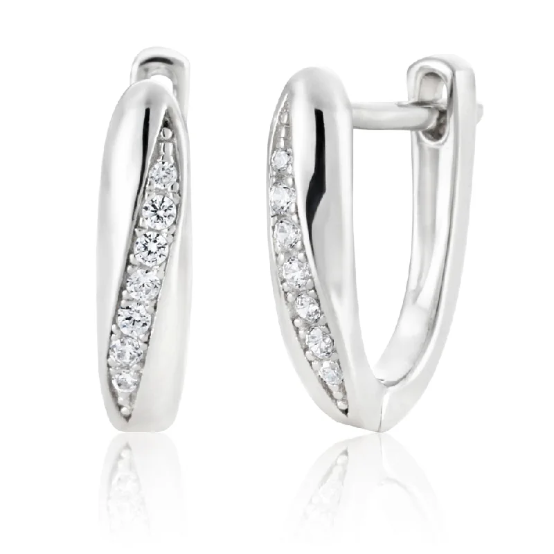 asymmetrical earrings for women -Sterling Silver Rhodium Plated Zirconia Fancy Twist Huggie Earrings