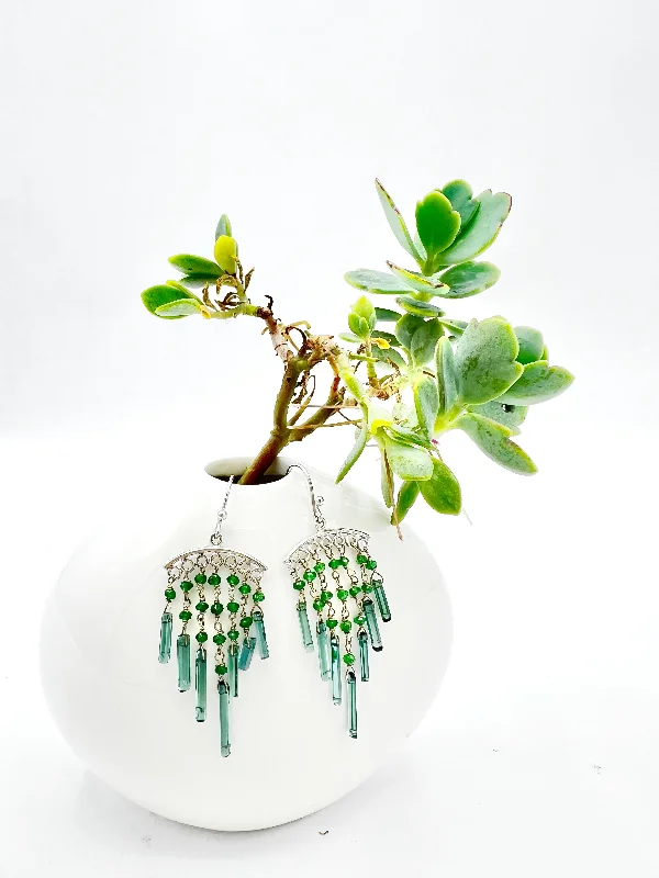 pearl earrings for women -Beaded Tourmaline Fringe Earrings