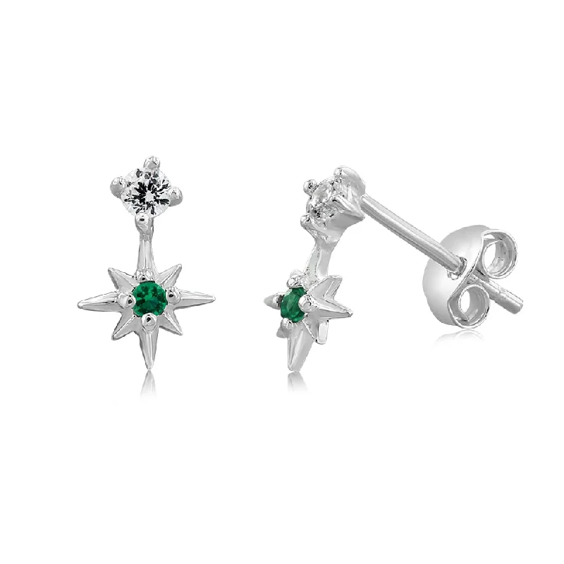 pearl drop earrings for women -Sterling Silver Star Emerald Glass And White Cubic Zirconia Studs Earrings