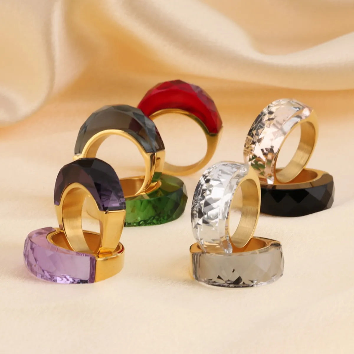 gemstone wedding rings for women -Stainless Steel 18K Gold Plated Basic Color Block Plating Inlay Glass Stone Rings