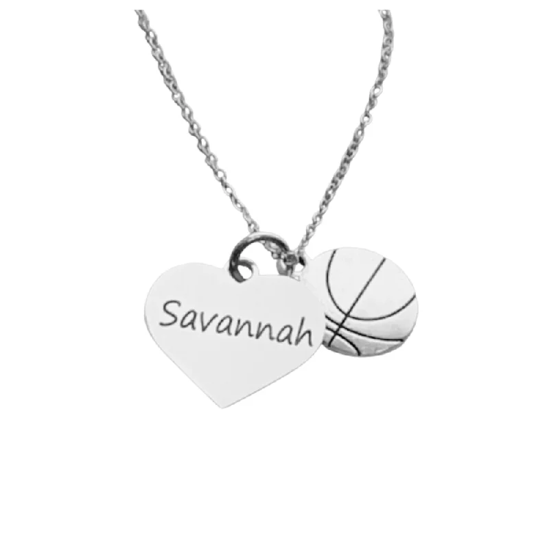 aquamarine necklaces for women -Engraved Basketball Heart Name Necklace