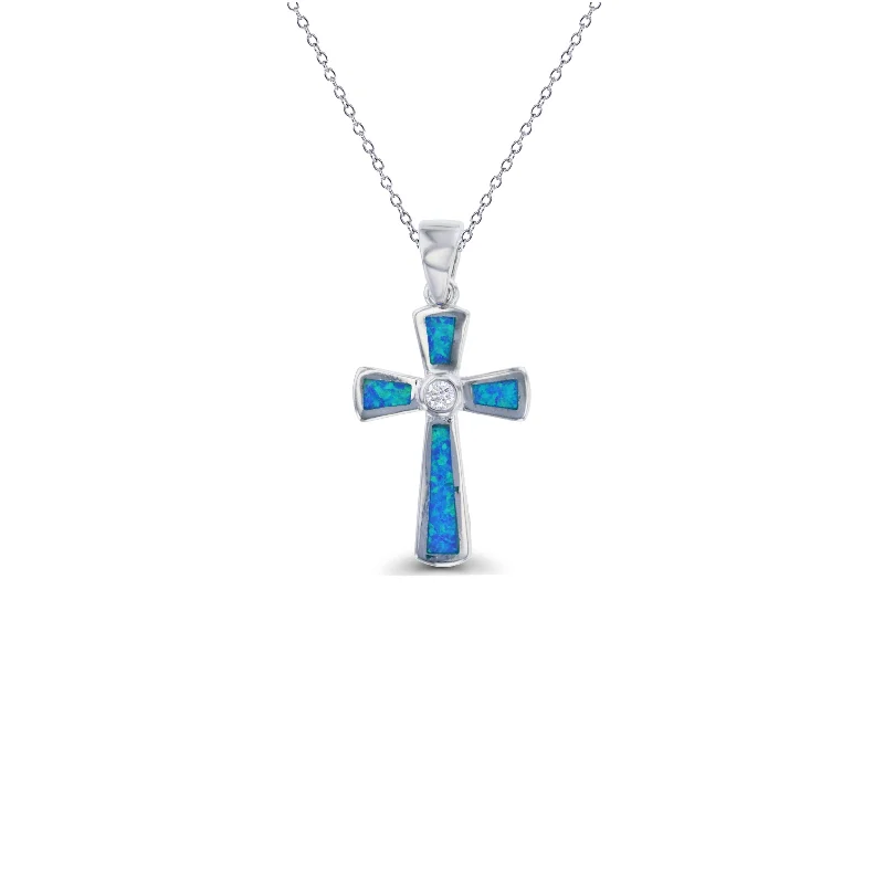 personalized necklaces for women -Blue Opal Cross Pendant (14K)