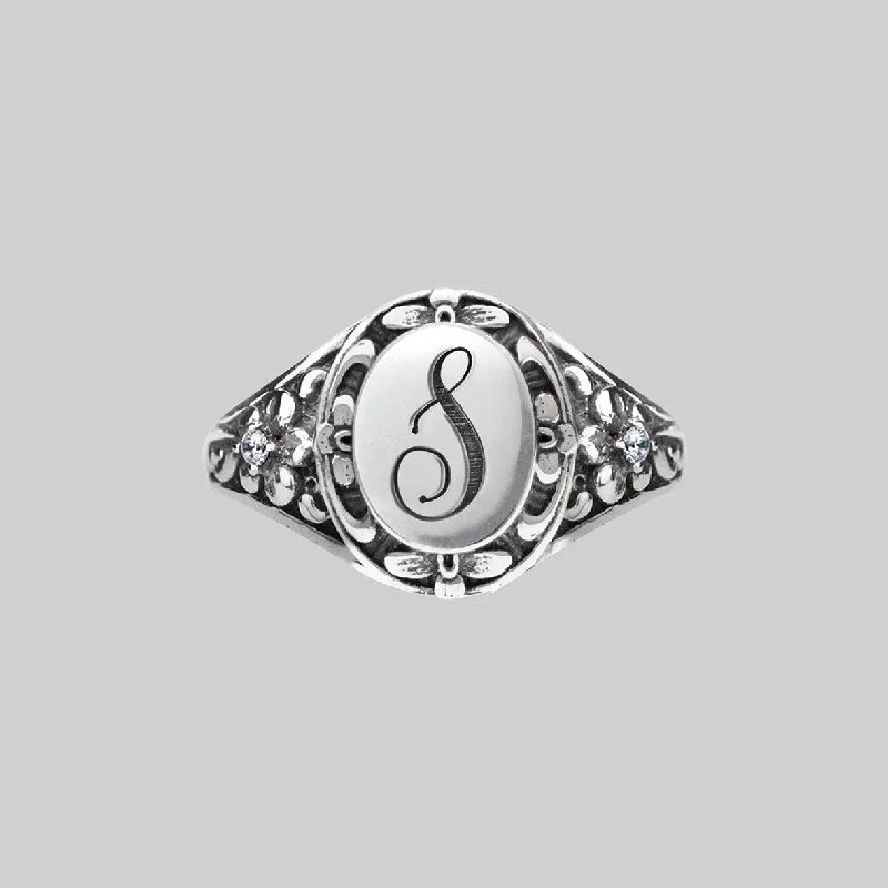 double stone rings for women -DARK GARDEN. Ornate Initial Ring (N - Z)