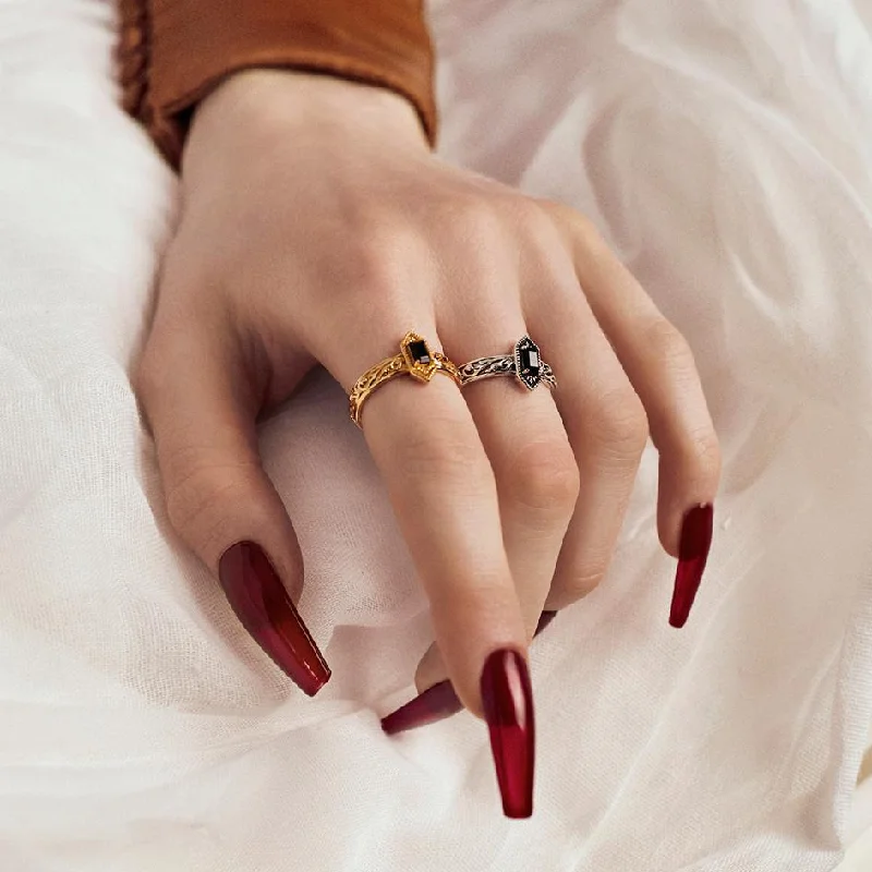 high-fashion rings for women -RENOUNCE. Ornate Gothic Onyx Ring - Gold