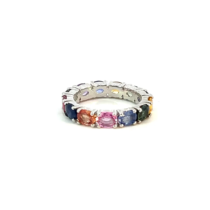 bridal rings for women -Platinum Rainbow Sapphire Oval Cut Eternity Ring