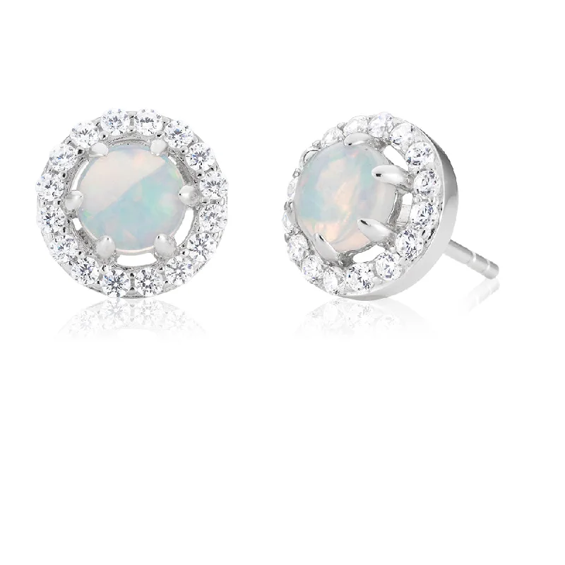 crystal drop earrings for women -Sterling Silver Created White Opal and Cubic Zirconia Stud Earrings