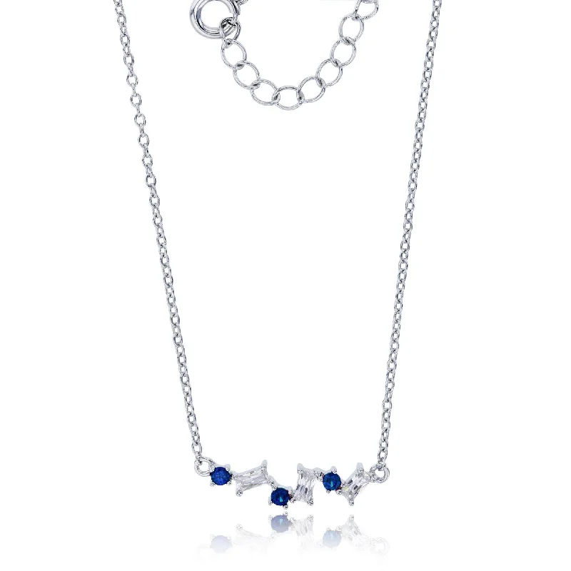 delicate necklaces for women -Pave Floating Blue Spinel Round Cut & White Baguette (Silver)