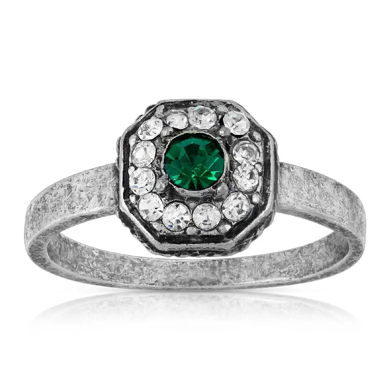 wedding rings for women -1928 Jewelry Pewter With Green And Clear Crystals Octagon Shaped Ring Size 7