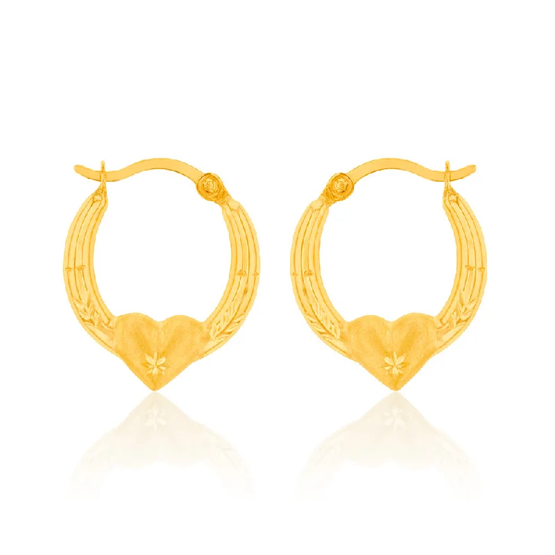 custom earrings for women -9ct Yellow Gold Diamond Cut Heart On Hoop Earrings