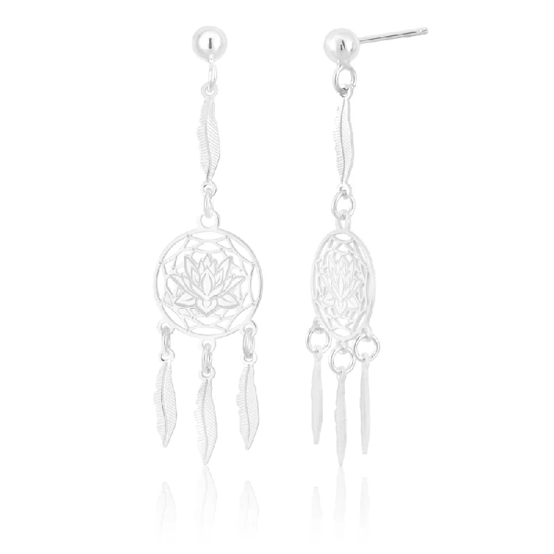 gold-plated hoop earrings for women -Sterling Silver Lotus Dream Catcher Drop Earrings