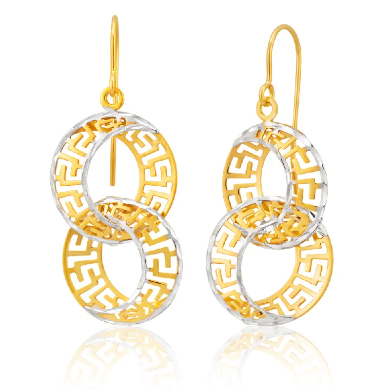 star earrings for women -9ct Yellow Gold Silver Filled Double Hoop Greek key Earrings