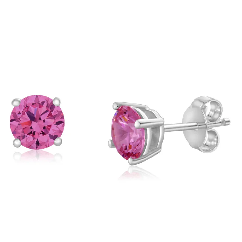 fashion earrings for women -Sterling Silver Zirconia Round 6.55mm Pink Stud Earrings