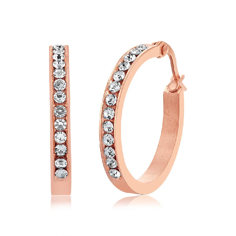 elegant earrings for women -Stainless Steel 25mm Half Circle Rose Gold Plated Crystal Hoop Earrings