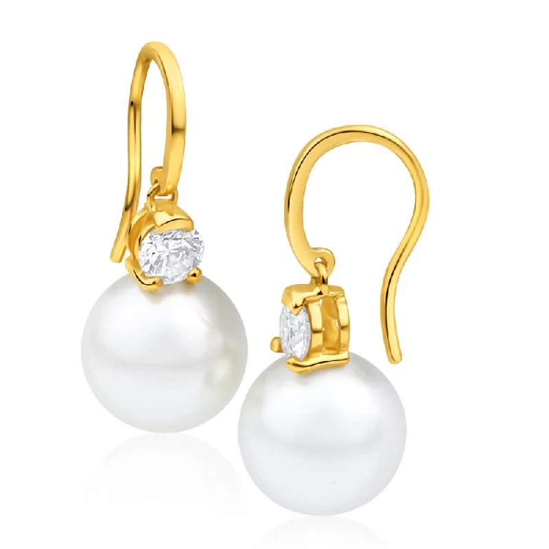 fashion earrings for women -9ct Charming Yellow Gold 10mm Simulated Pearl and Cubic Zirconia Drop Earrings