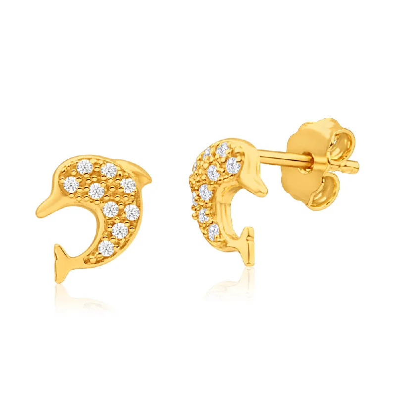 beaded earrings for women -9ct Yellow Gold Silver Filled Cubic Zirconia Dolphin Stud Earrings