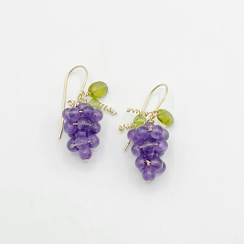 crystal drop earrings for women -Amethyst Peridot Grape Cluster Yellow Gold Earrings